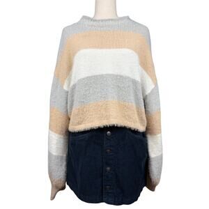 Lulus Fuzzy Knit Striped Sweater Neutral Cozy Cropped Size S